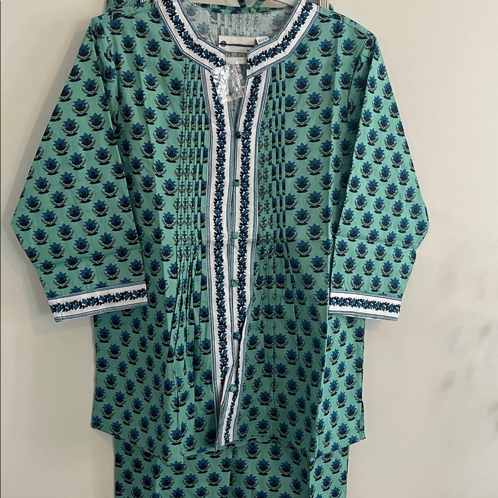 Ella Simone Pajama Set Cotton Paisley Luxury Floral Green Blue Vacation Resort - Picture 4 of 7